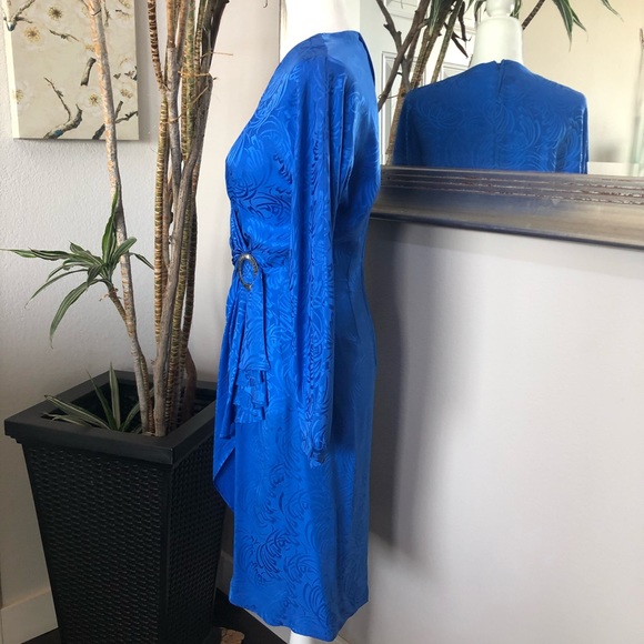 VTG 80s Lauren Alexandra Blue Silk Faux Wrap Dress - Picture 5 of 11